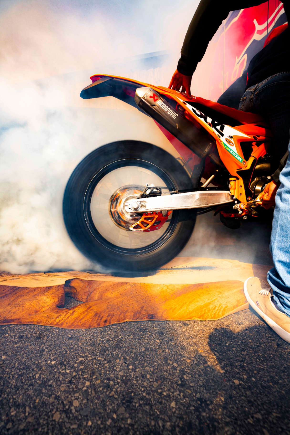 KTM rear wheel burning into the wood